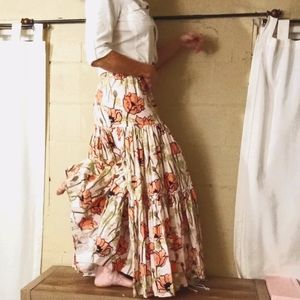 Tory Burch Printed Peasant Skirt SZ Small Pink Poppies in Bloom